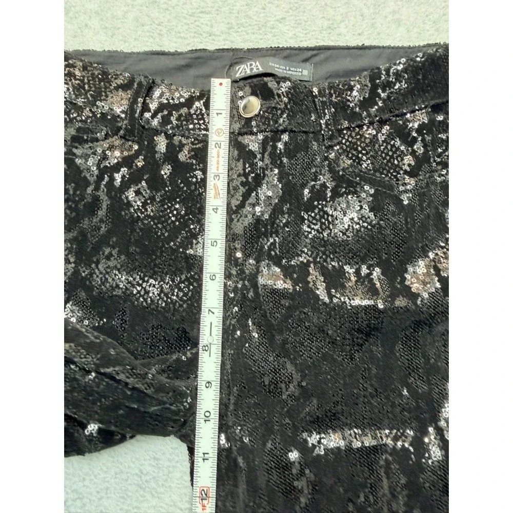 Zara Womens Black Silver Sequin Snakeskin Wide Leg Pants High Rise Trousers